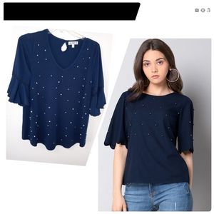 Navy Blue Pearl Embellished Stretchy Tunic Top Size 1X Bell Sleeves Lace Trim▪